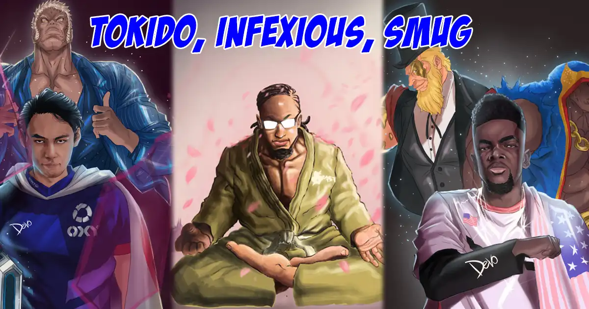 Smug, Tokido, and Infexious pose with their Street Fighter 5 mains in Devoralli's gorgeous artwork - Vimarsana News