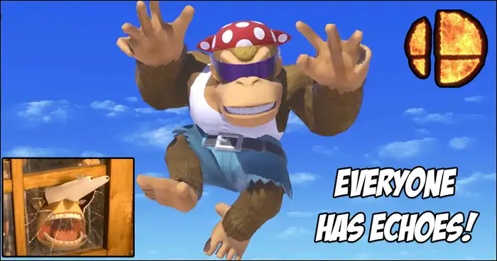 Image 2: Funky Kong in a Super Smash Bros. Ultimate meme, with text that reads EVERYONE HAS ECHOES! and inset image of a donkey's head with its face in a broken door